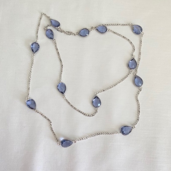 Purple Teardrop Crystal Cabochon Silver Plated Chain Necklace Length 36" - Picture 3 of 5